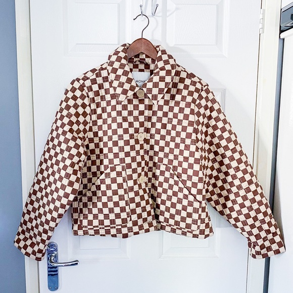 Monki Jackets & Blazers - Monki Nicco cotton jacket in brown checkerboard gingham print